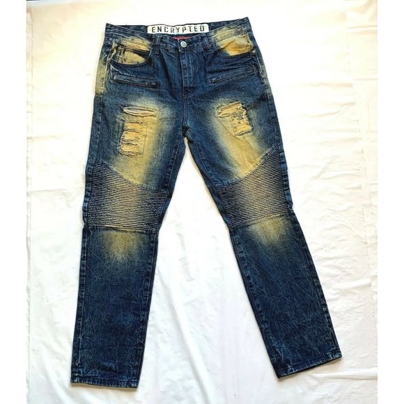 Encrypted Jeans‎ Mens 38x33 Distressed Acid Wash Relaxed Biker Moto Quilted NEW - Picture 1 of 12